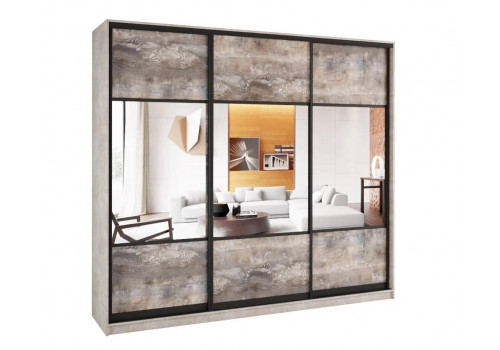 Шкаф купе 3 двери (дуб пайн светлый, цемент светлый, профиль чёрный)